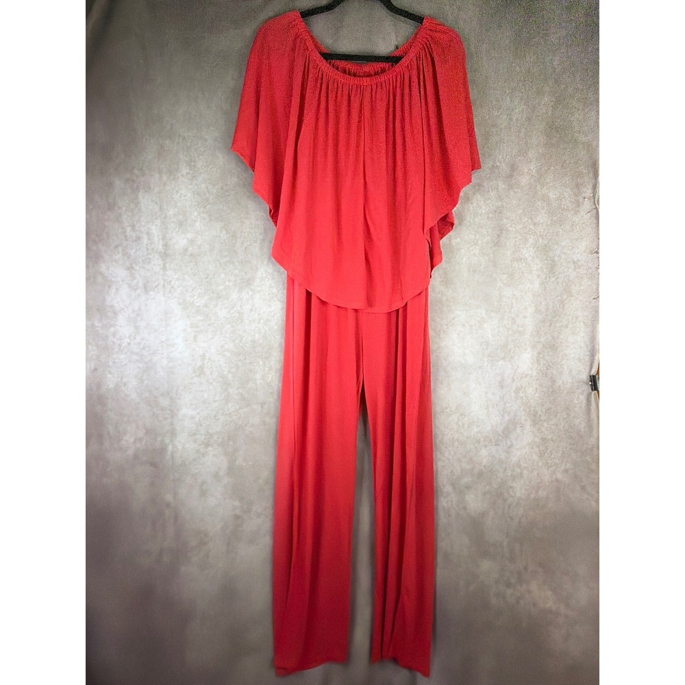 CURATIONS CARAVAN Coral Off Shoulder Ruffle Overlay Sz L Wide Leg Jumpsuit